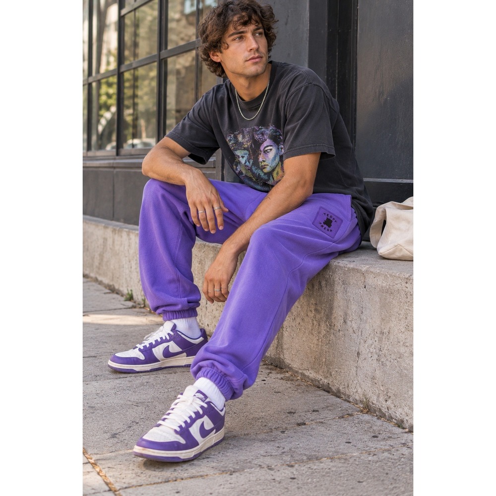 Teddy Fresh Unisex Purple Cotton Sweatpants Joggers Bear Patch XL
